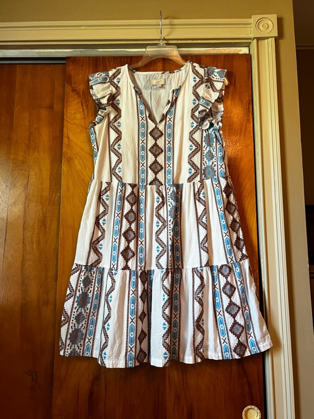 LOFT Lightweight White Blouse with Brown Print